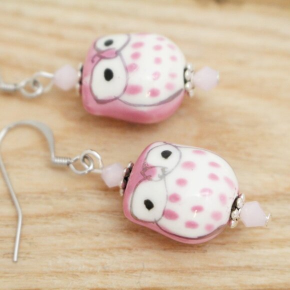 Pink Porcelain Beaded Owl Earrings - Hand Painted - Handmade & Hypoallergenic - Picture 2 of 8